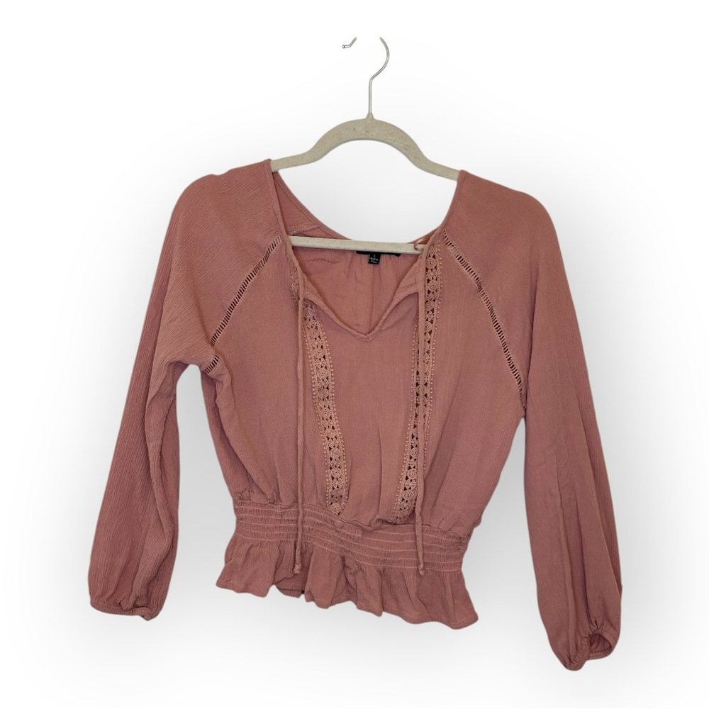 Ambiance Pink Mauve Peplum Blouse Crochet Boho Western Prairie Top Large